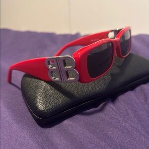 100% Authentic Balenciaga Red Rectangular Sunglasses with Metallic Logo UsedONCE